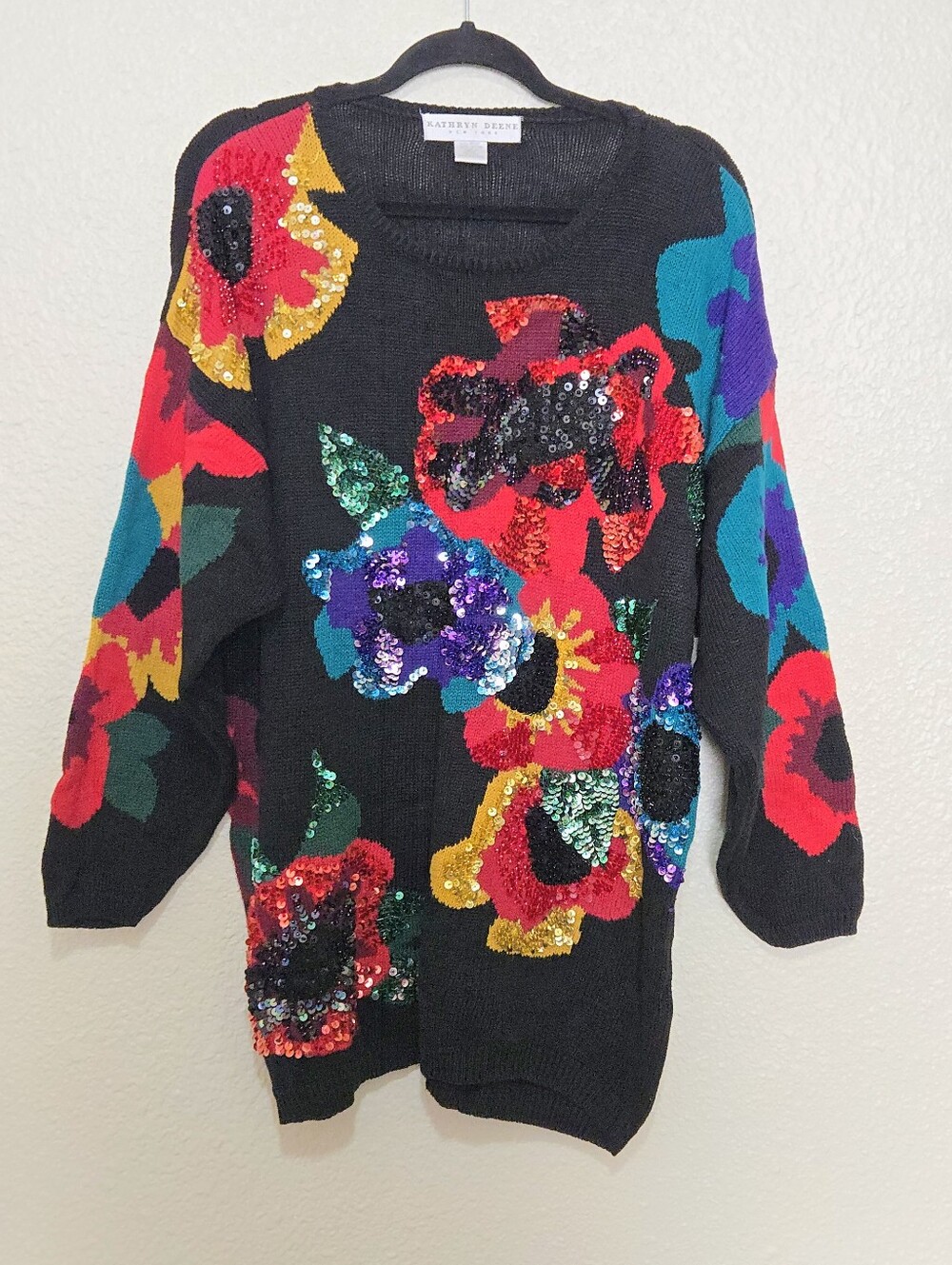Vintage Kathryn Deene Sweater - Black Knit with Floral Sequins - Size 18/20
